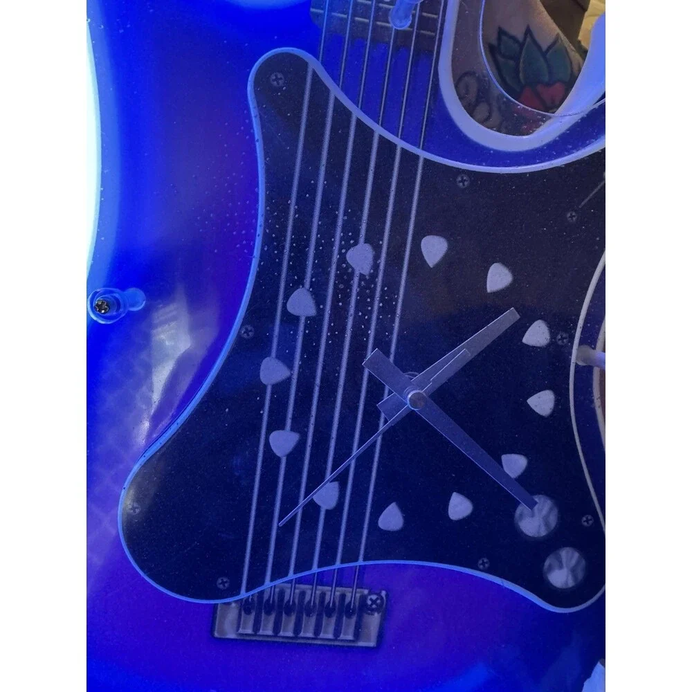 1990 Vintage Stratocaster Blue Neon Light Guitar Wall Clock 29 In & Adapter